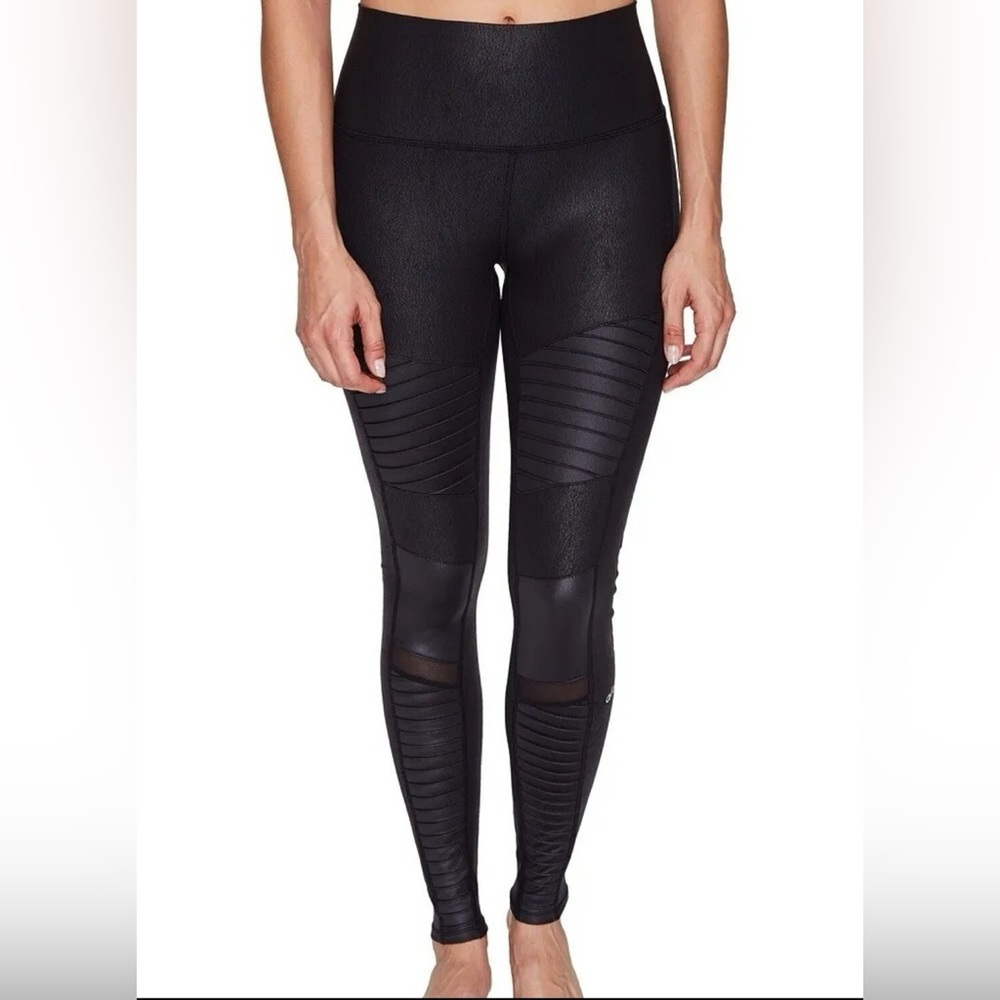 Alo Yoga High Waist Moto Leggings Black Glossy Womens Small Moto Mesh Athleisure